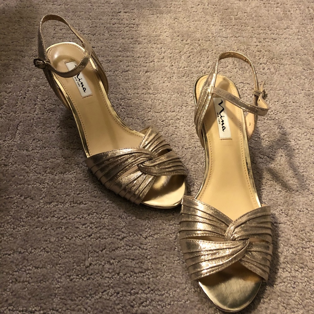 Mina New York gold low strap heel 9